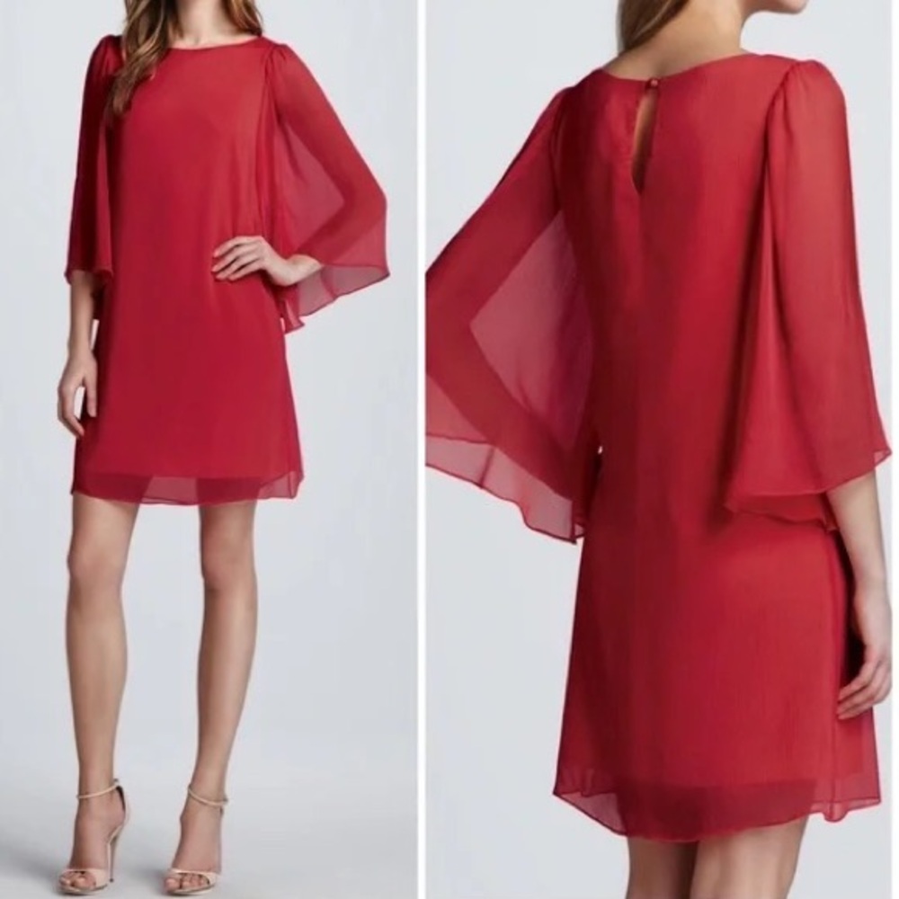 Alice + Olivia Odette Flutter-Sleeve Mini Sheer Red Dress Fall Christmas Dress